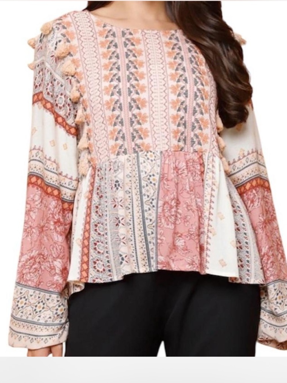 American Eagle Outfitters Cream and Dusty Rose Boho Patchwork Blouse